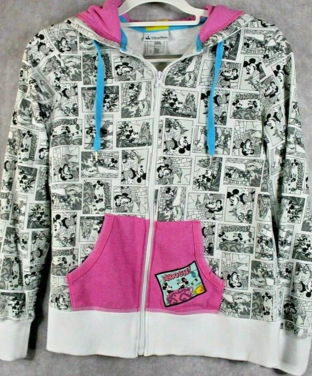 Disney Parks Hoodie Womens Small White Pink Full Zip Mickey Minnie Comic Print